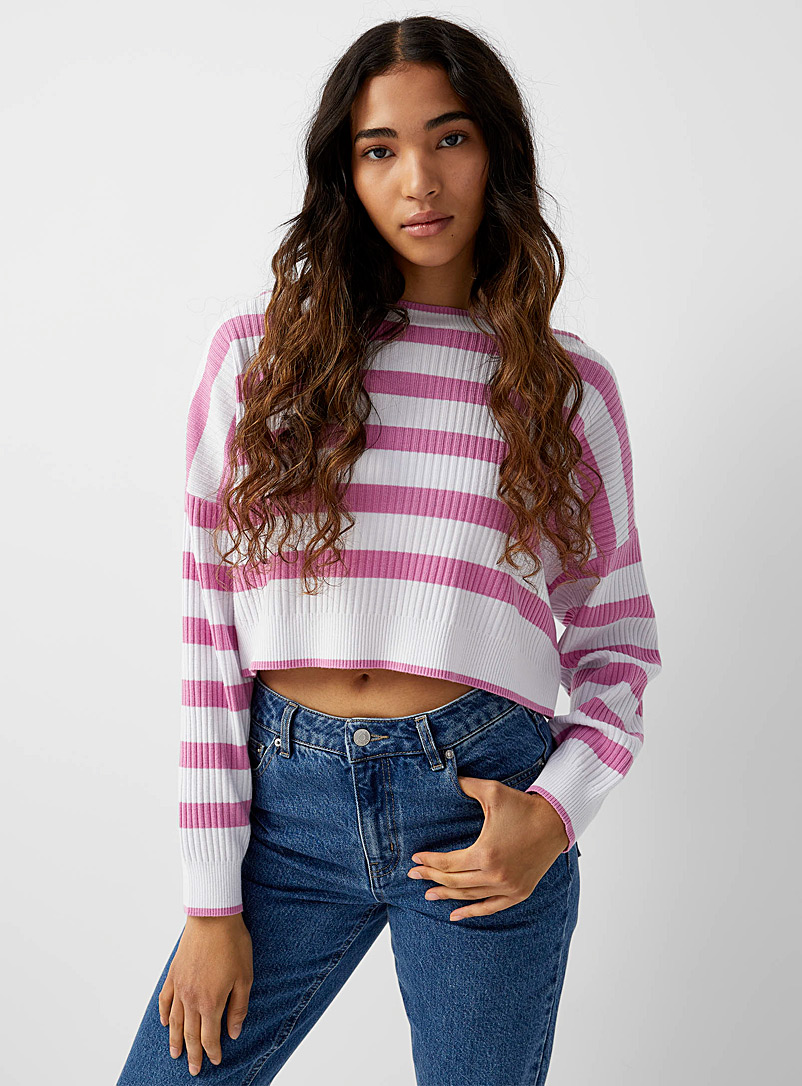 Twik Patterned pink Cropped broad stripe sweater for women