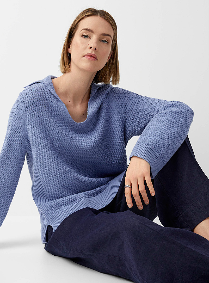 Contemporaine Slate Blue Johnny collar basket-weave sweater for women