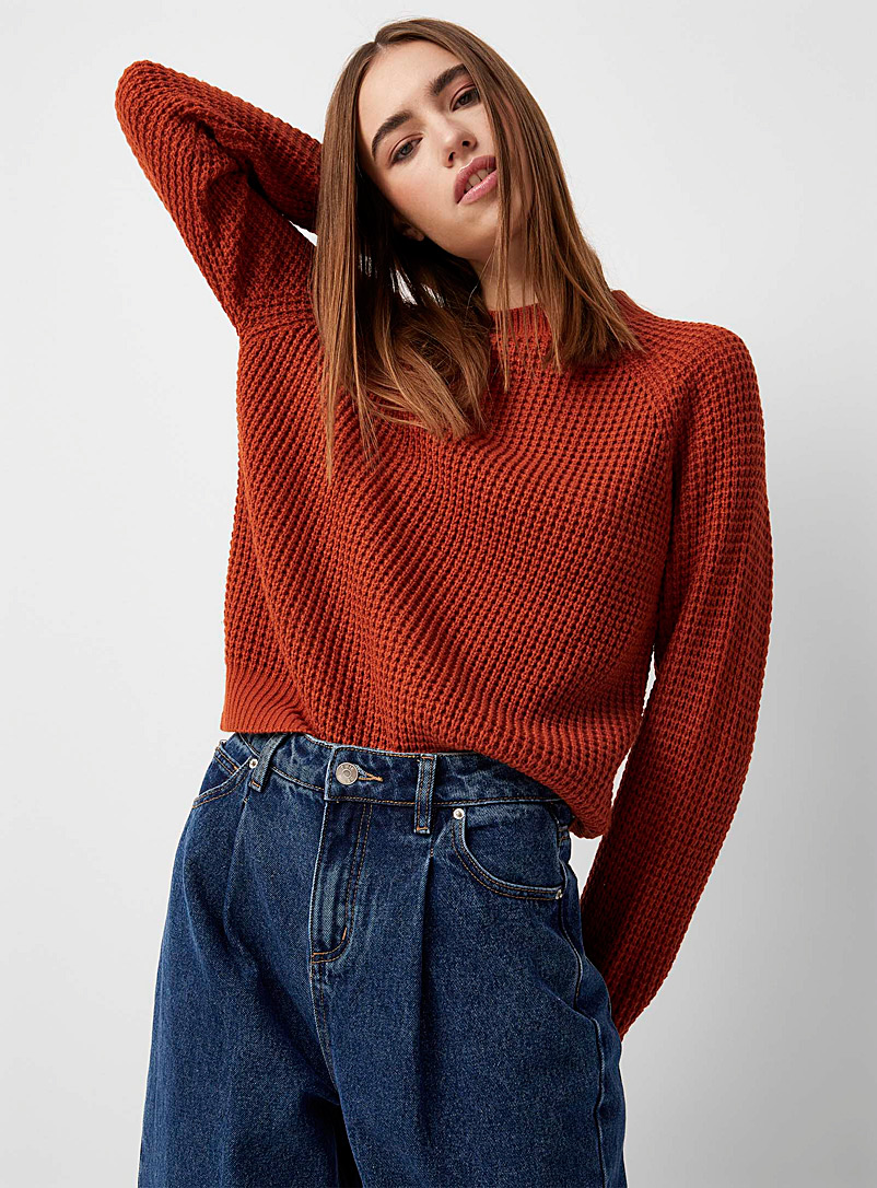 Twik Dark Orange Waffle-knit raglan sweater for women