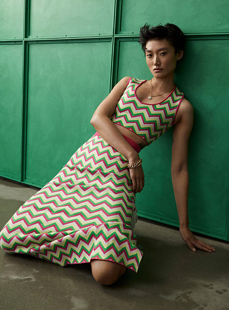 Icône Patterned Green Back-slit knit skirt for women