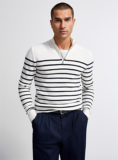 Le 31 Patterned White Zip-neck nautical sweater for men