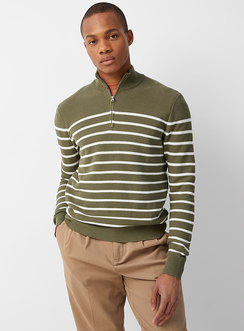 Le 31 Patterned Green Zip-neck nautical sweater for men