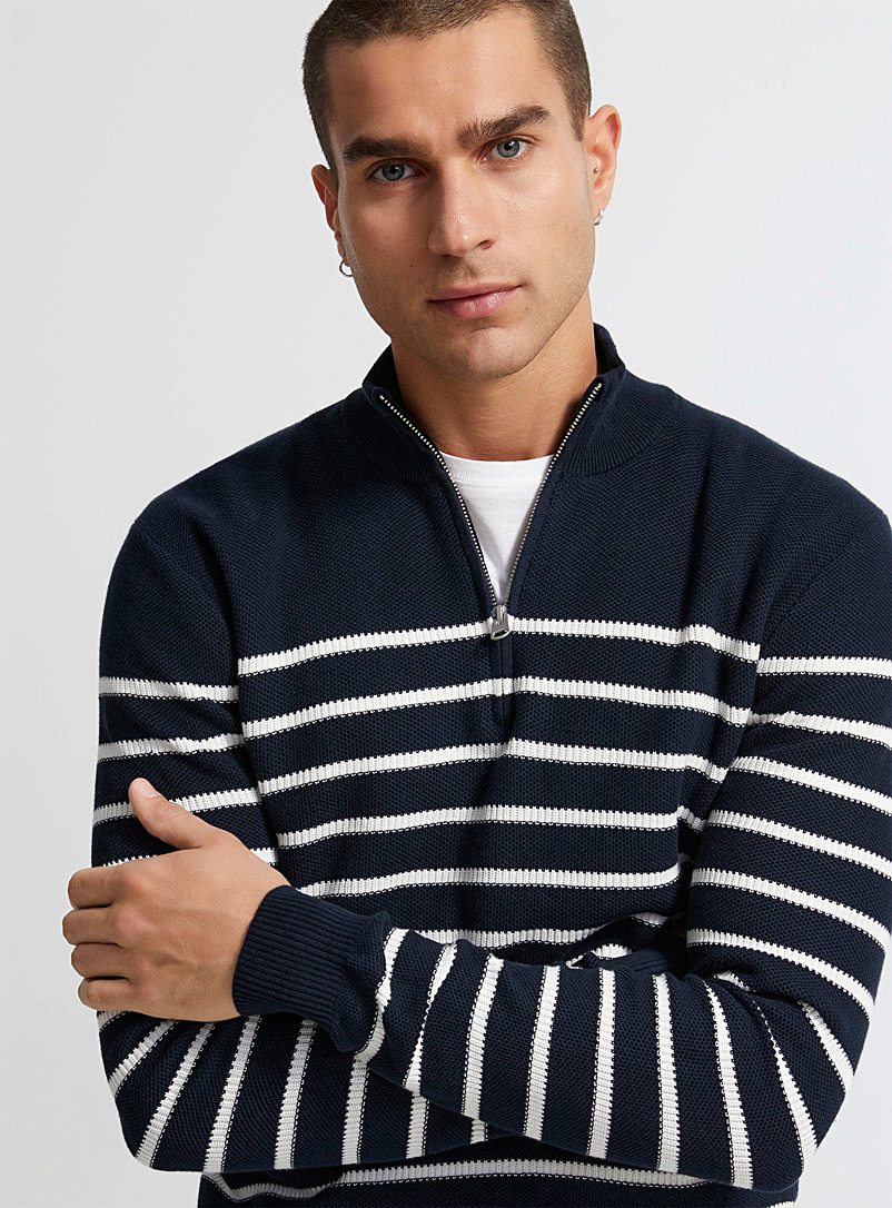 Le 31 Patterned Blue Zip-neck nautical sweater for men
