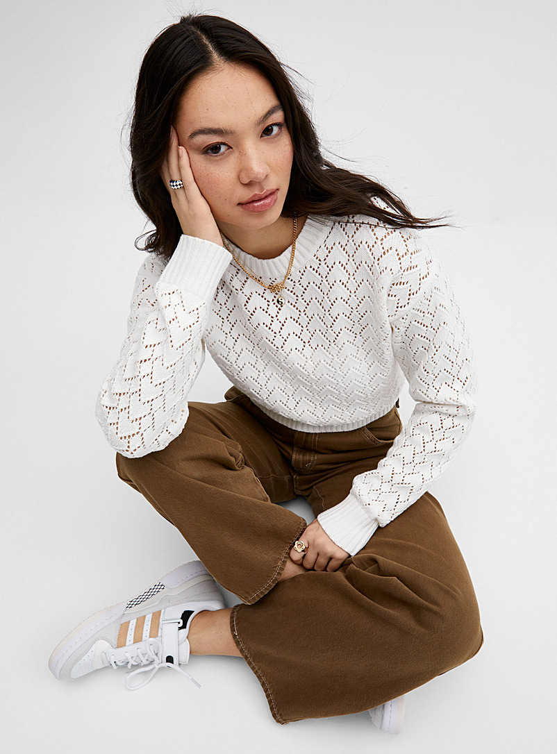Twik Ivory White Arrow pattern pointelle knit sweater for women