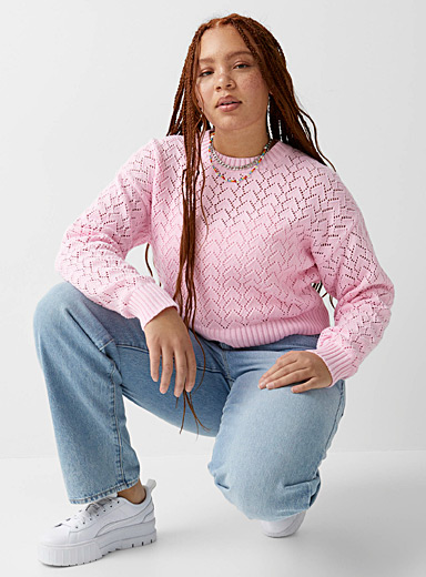 Twik Pink Arrow pattern pointelle knit sweater for women