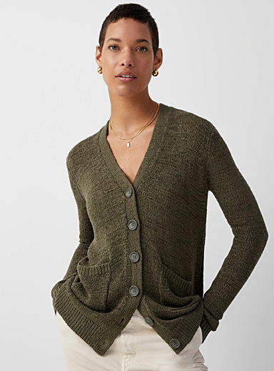 Contemporaine Mossy Green Long ribbon-knit cardigan for women