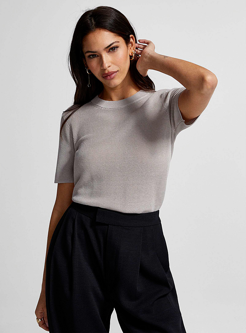 Icône Light Grey Openwork knit short-sleeve sweater for women