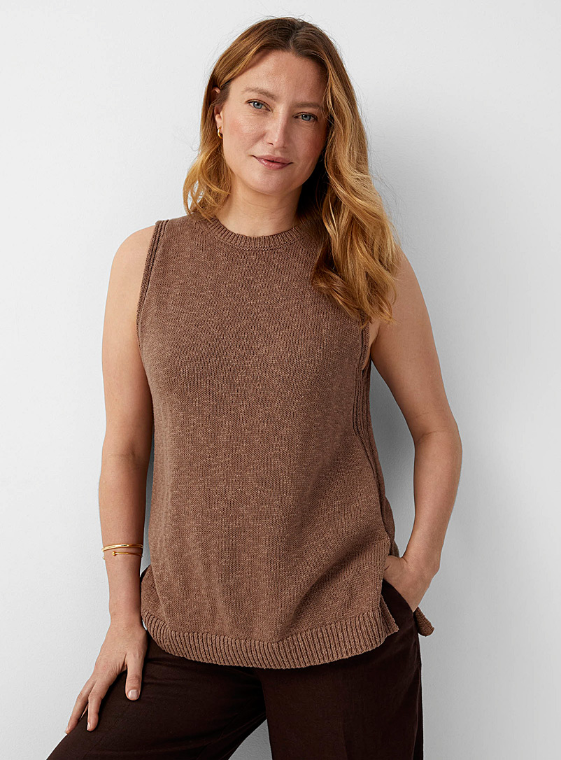Contemporaine Dark Brown Ribbed-trim knit tunic for women