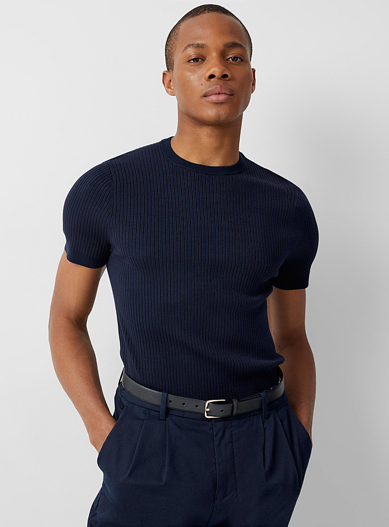 Le 31 Patterned Blue Ribbed short-sleeve sweater for men