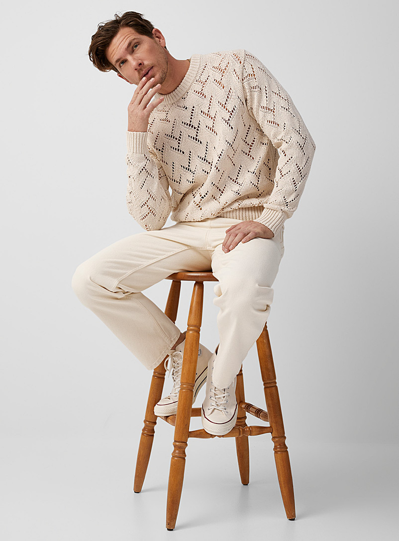 Le 31 Cream Beige Crochet sweater for men
