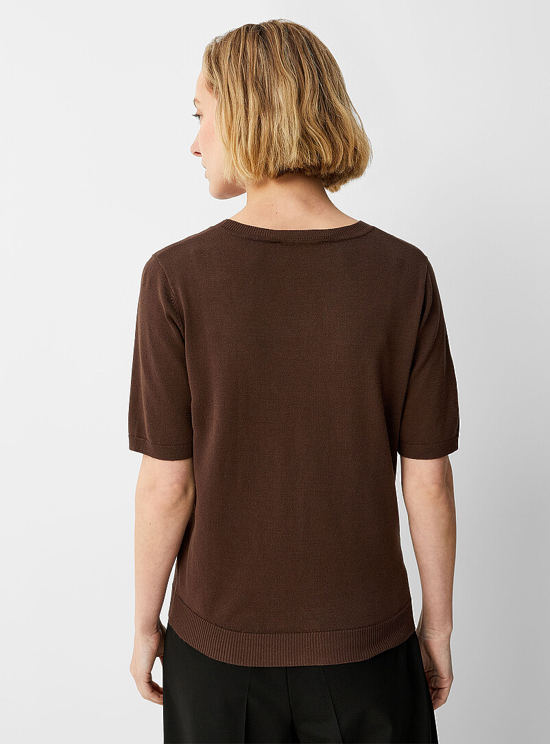 Contemporaine: Le chandail manches courtes fin tricot &Eacute;cru &agrave; motifs pour femme