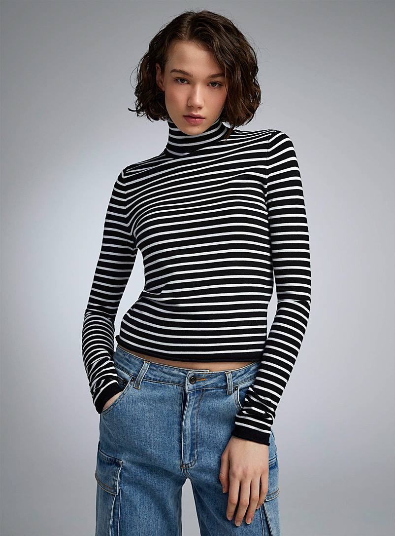 Twik Black and White Striped straight-fit turtleneck sweater for women