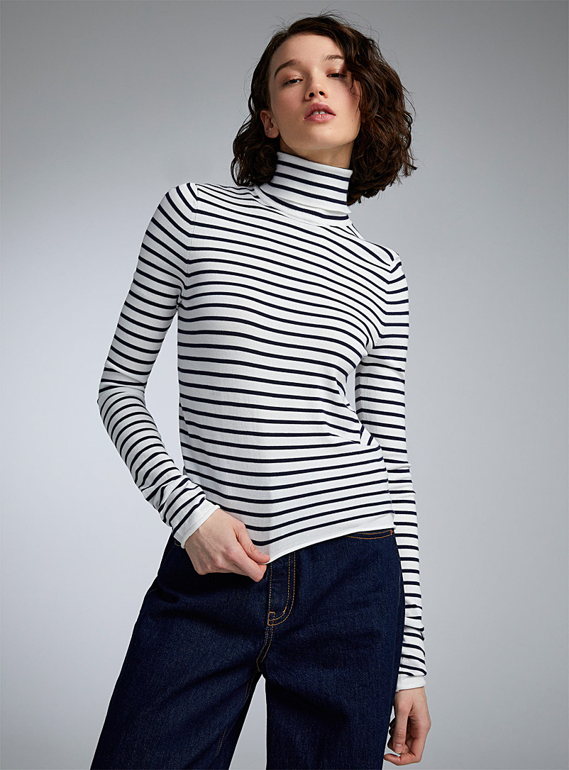 Twik Patterned White Striped straight-fit turtleneck sweater for women