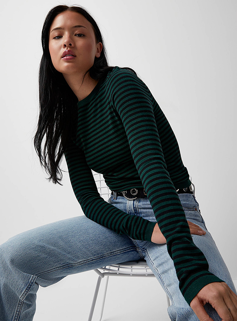 Twik Mossy Green Striped fitted sweater for women
