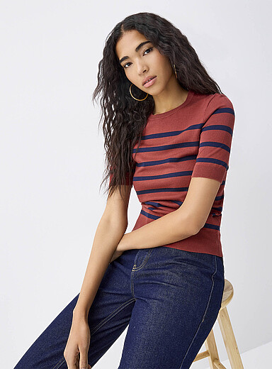 Twik Patterned Red Fine-knit short-sleeve sweater for women