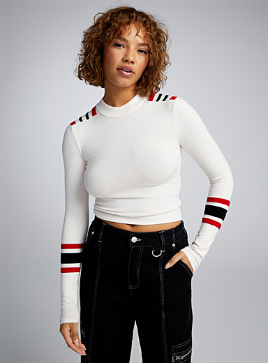 Twik Patterned White Motorcycle ribbed stripes sweater for women