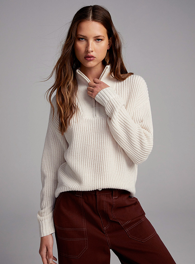 Twik Ivory/Cream Beige Rib-knit zippered mock-neck sweater for women
