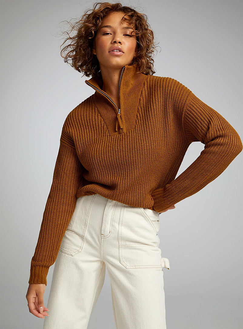 Twik Brown Rib-knit zippered mock-neck sweater for women