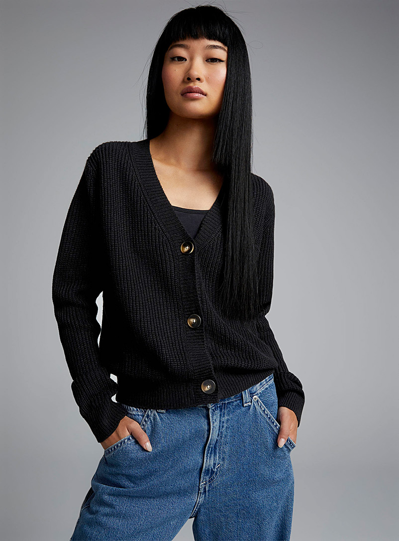 Twik Black Fine ribbed button-up cardigan for women