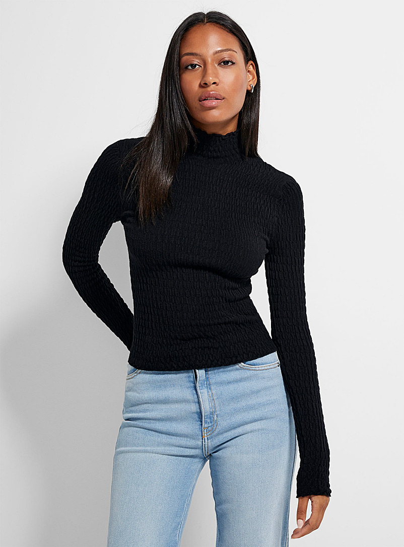 Icône Black Mock-neck ruched sweater for women