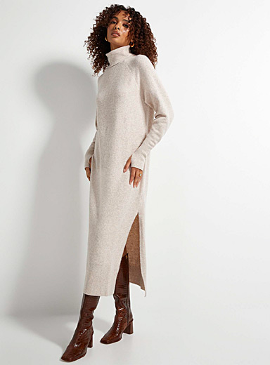 Icône Beige Turtleneck long knit dress for women