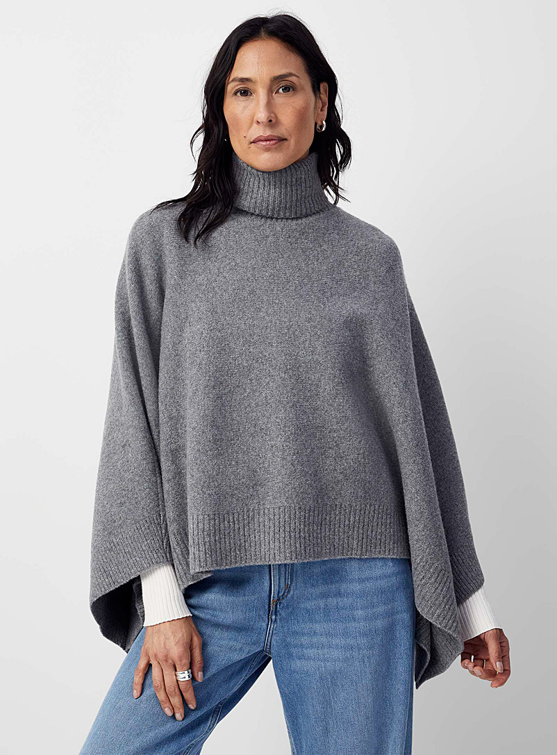 Contemporaine Grey Ribbed turtleneck poncho for women