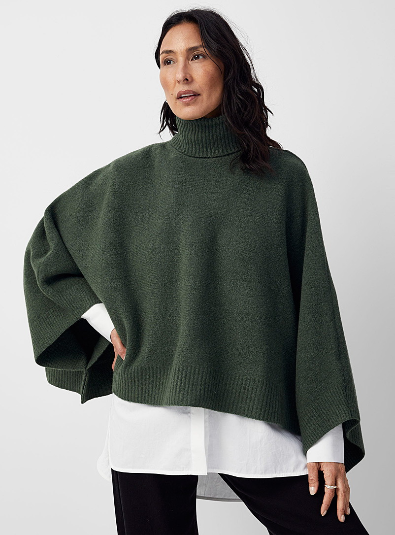 Contemporaine Bottle Green Ribbed turtleneck poncho for women