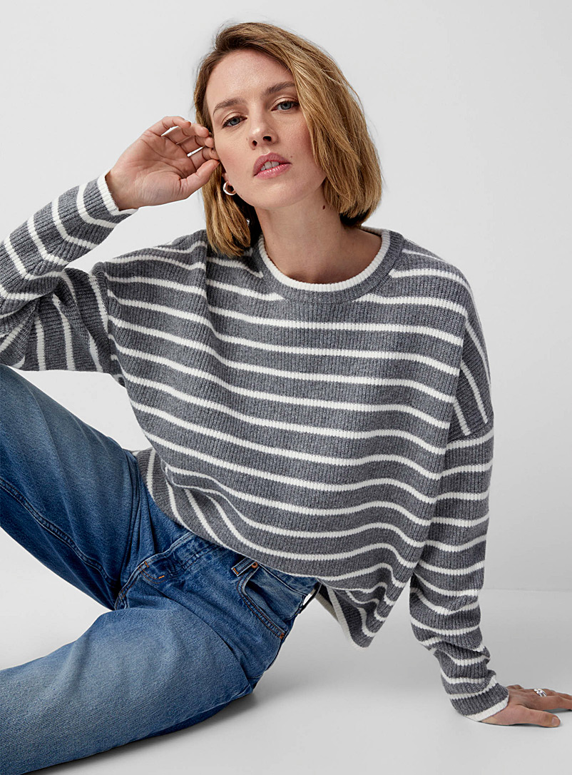 Contemporaine Charcoal Striped loose ribbed sweater for women