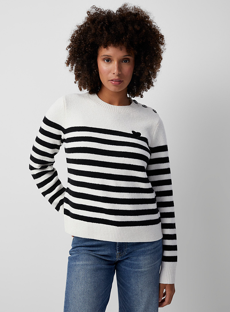 Contemporaine Patterned white Heart embroidery striped sweater for women