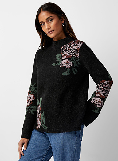 Contemporaine Patterned black Jacquard roses funnel-neck sweater for women