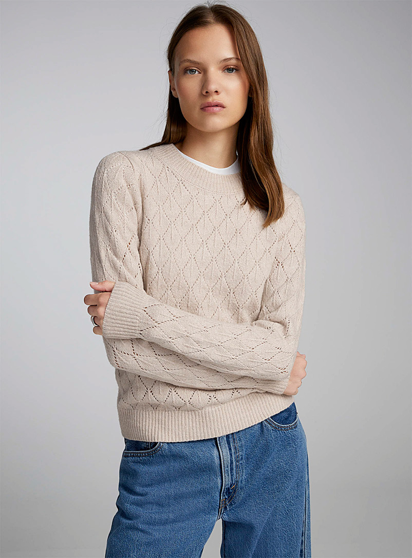 Twik Cream Beige Grid pattern pointelle knit sweater for women