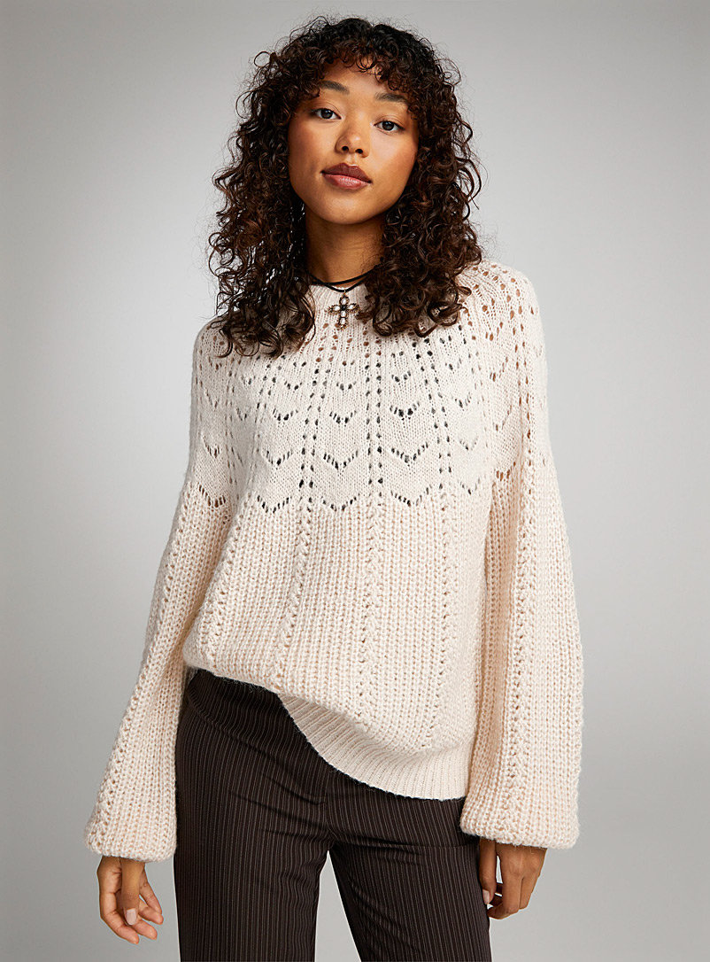 Twik Ivory White Pointelle knit bib sweater for women
