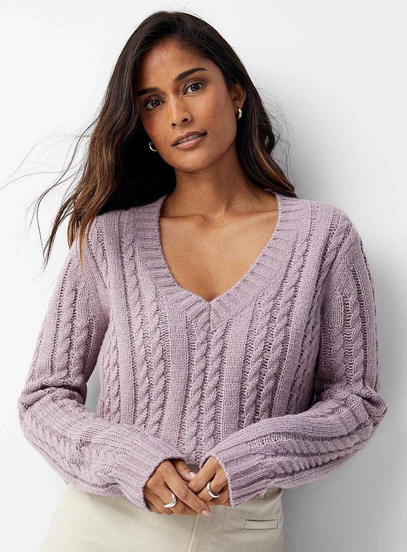 Contemporaine Lilacs Twisted-cable V-neck sweater for women