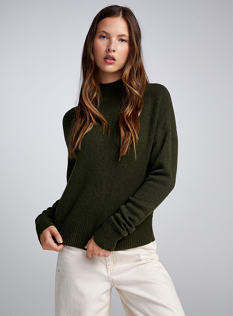 Twik Khaki Bouclé knit mock-neck sweater for women