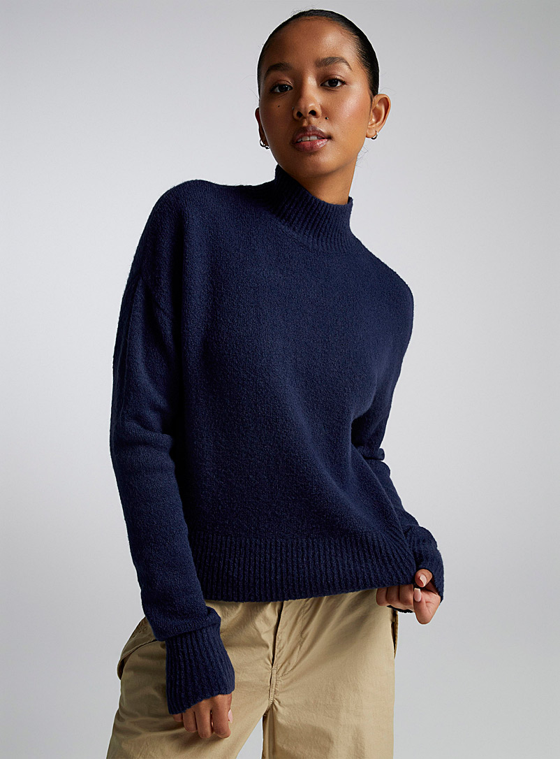 Twik Dark Blue Bouclé knit mock-neck sweater for women