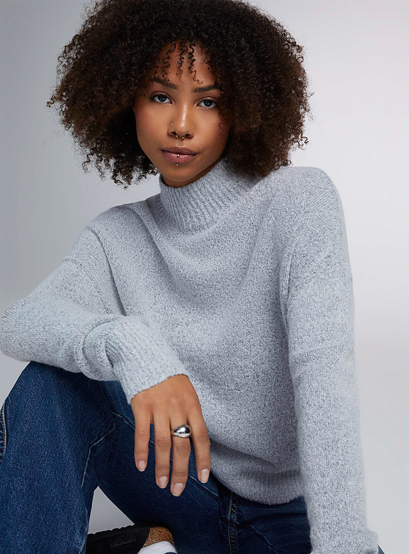 Twik Light Grey Bouclé knit mock-neck sweater for women