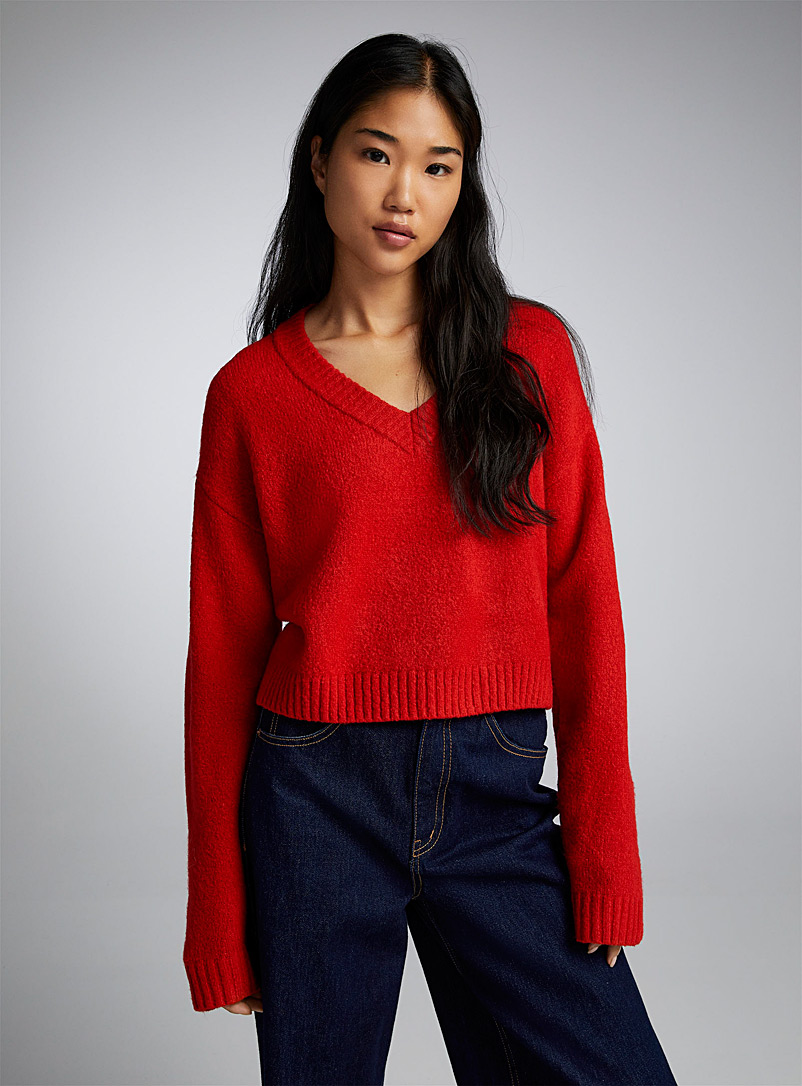 Twik Red V-neck cropped sweater for women