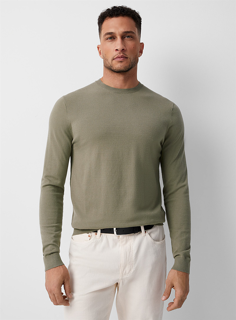 Le 31 Mossy Green Silky knit crew-neck sweater for men