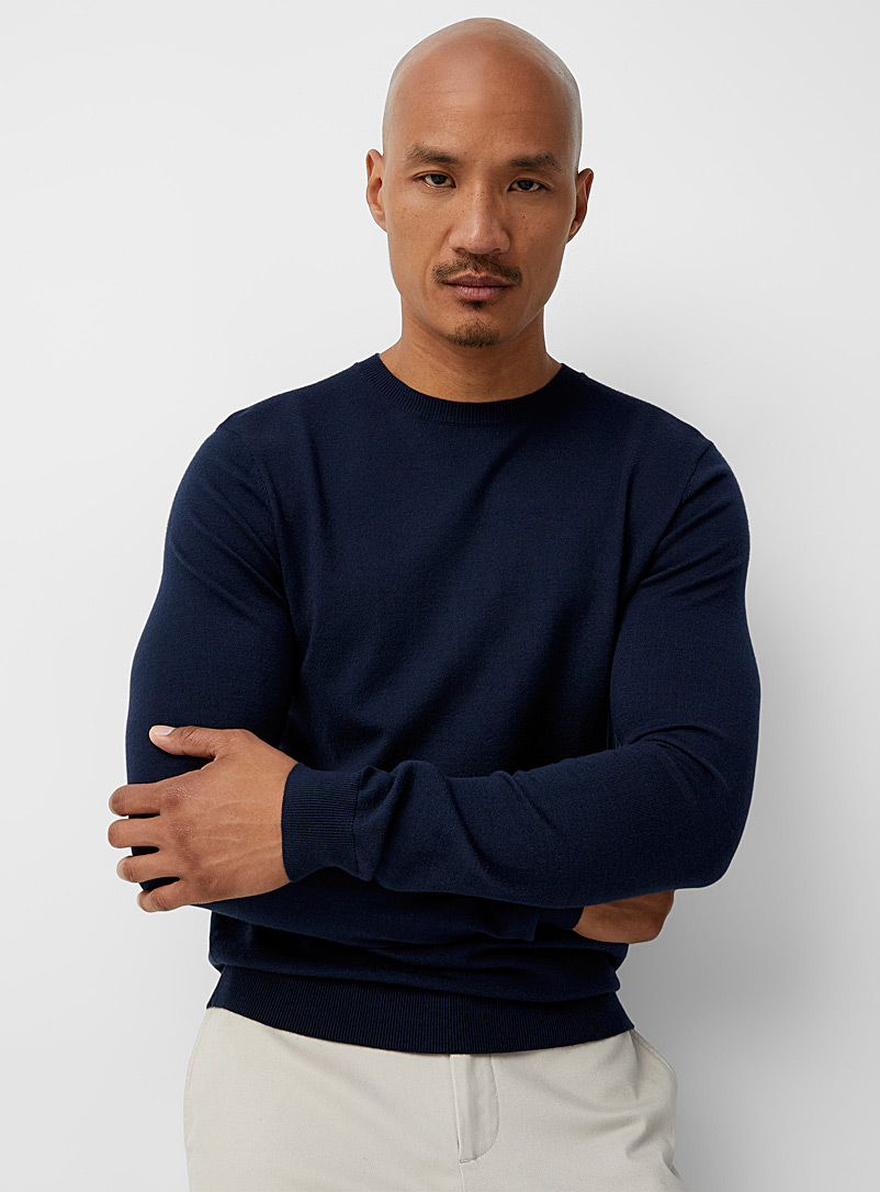 Le 31 Navy/Midnight Blue Silky knit crew-neck sweater for men