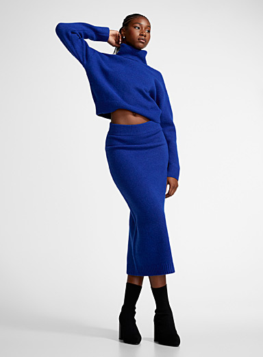 Icône Sapphire Blue Centre slit knit midi skirt for women