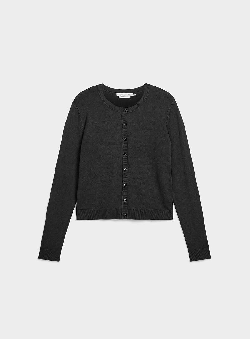 Contemporaine: Le cardigan col rond fin tricot Blanc et noir pour femme
