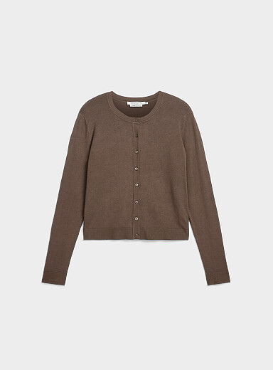 Contemporaine Taupe Fine-knit crew-neck cardigan for women