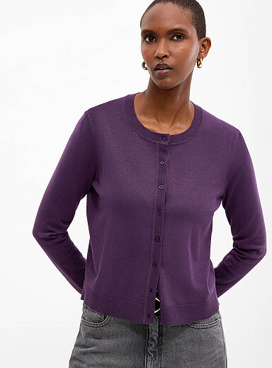 Contemporaine: Le cardigan col rond fin tricot Pourpre pour femme