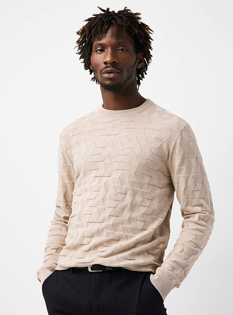 Le 31 Light Brown Embossed jacquard sweater for men