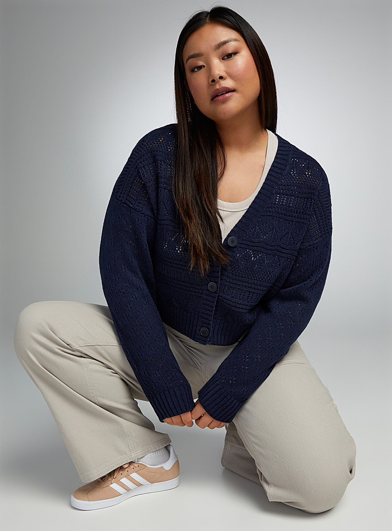 Twik Navy/Midnight Blue Pointelle knit cropped cardigan for women