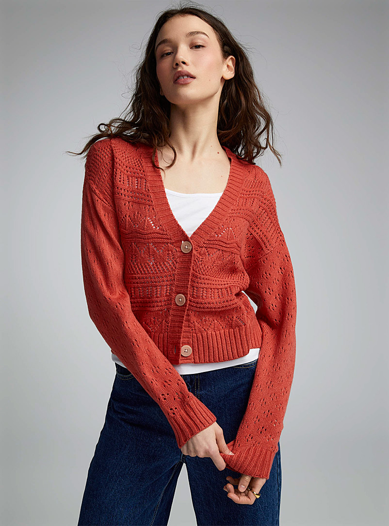 Twik Light Red Pointelle knit cropped cardigan for women