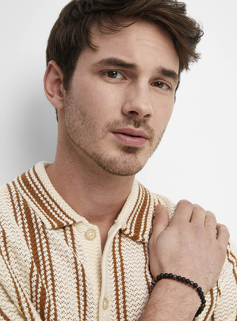 Le 31 Patterned beige Striped pointelle knit shirt for men