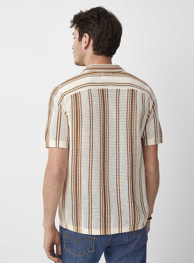 Le 31 Patterned beige Striped pointelle knit shirt for men