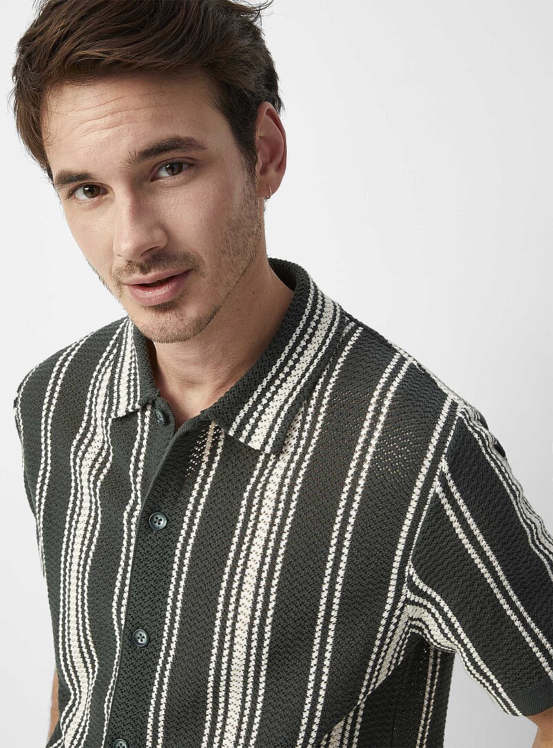 Le 31 Patterned beige Striped pointelle knit shirt for men