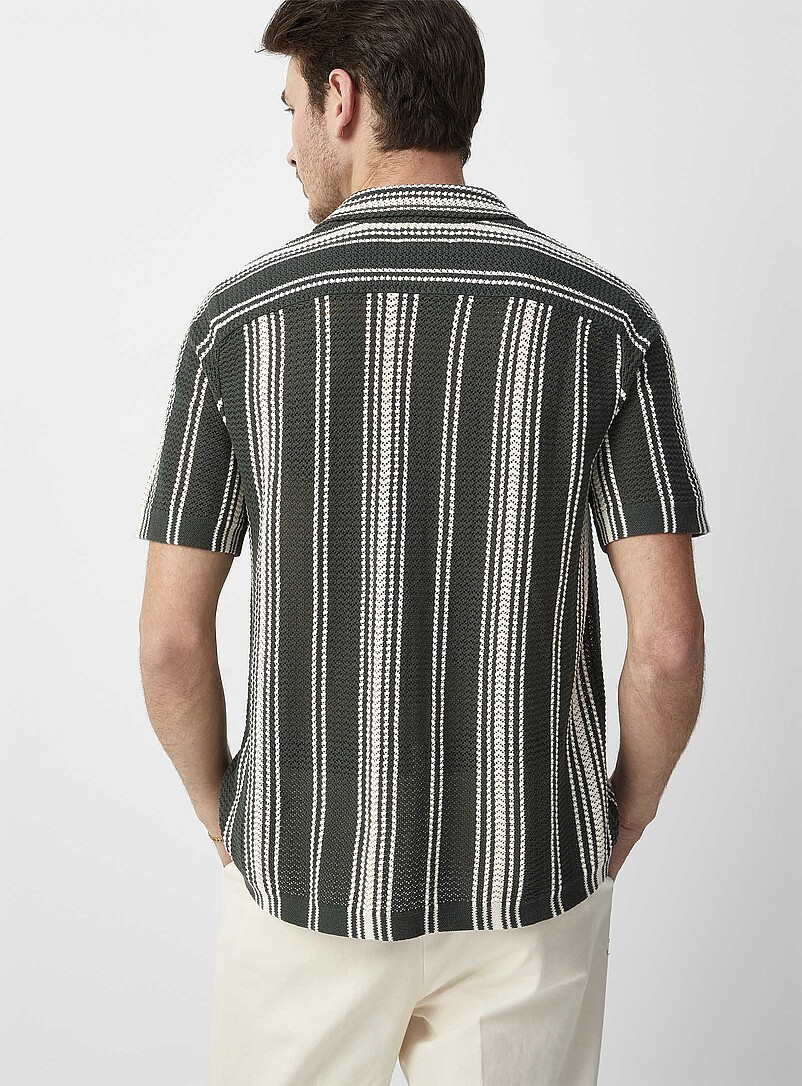 Le 31 Patterned beige Striped pointelle knit shirt for men